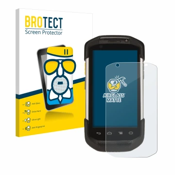 Parte frontal de un envase de producto con el logotipo de la marca BROTECT. Al lado se muestra el dispositivo Zebra TC77 con s