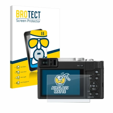 Parte frontal de un envase de producto con el logotipo de la marca BROTECT. Al lado se muestra el dispositivo Panasonic Lumix 