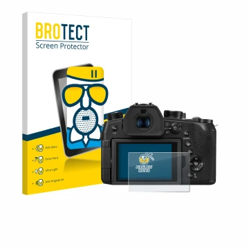 Parte frontal de un envase de producto con el logotipo de la marca BROTECT. Al lado se muestra el dispositivo Panasonic Lumix 