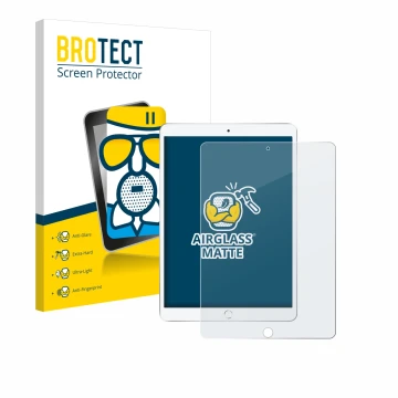 Parte frontal de un envase de producto con el logotipo de la marca BROTECT. Al lado se muestra el dispositivo Apple iPad Air 2