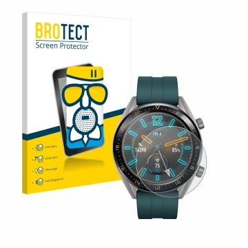 Parte frontal de un envase de producto con el logotipo de la marca BROTECT. Al lado se muestra el dispositivo Huawei Watch GT 