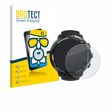 Parte frontal de un envase de producto con el logotipo de la marca BROTECT. Al lado se muestra el dispositivo Suunto D5 con su