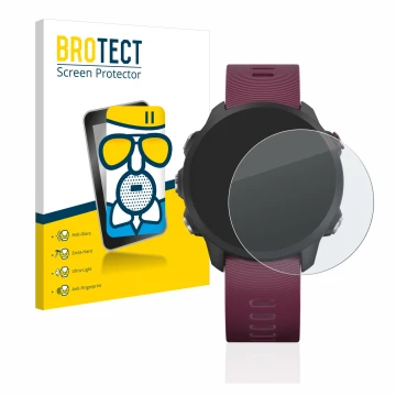 Parte frontal de un envase de producto con el logotipo de la marca BROTECT. Al lado se muestra el dispositivo Garmin Forerunne