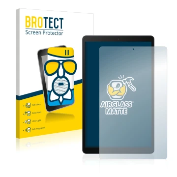 Parte frontal de un envase de producto con el logotipo de la marca BROTECT. Al lado se muestra el dispositivo Samsung Galaxy T