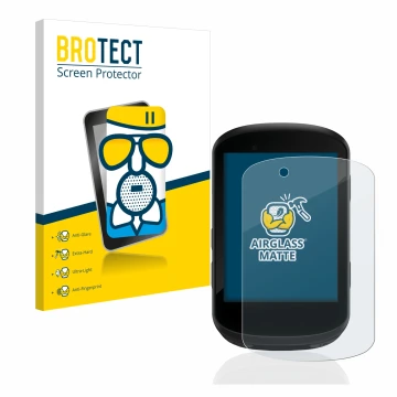 Parte frontal de un envase de producto con el logotipo de la marca BROTECT. Al lado se muestra el dispositivo Garmin Edge 530 