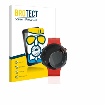 Parte frontal de un envase de producto con el logotipo de la marca BROTECT. Al lado se muestra el dispositivo Garmin Forerunne