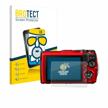 Parte frontal de un envase de producto con el logotipo de la marca BROTECT. Al lado se muestra el dispositivo Olympus Tough TG