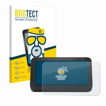 Parte frontal de un envase de producto con el logotipo de la marca BROTECT. Al lado se muestra el dispositivo Amazon Echo Show