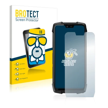 Parte frontal de un envase de producto con el logotipo de la marca BROTECT. Al lado se muestra el dispositivo Blackview BV9700