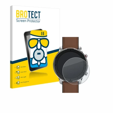 Parte frontal de un envase de producto con el logotipo de la marca BROTECT. Al lado se muestra el dispositivo Huami Amazfit GT