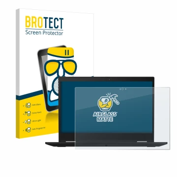 Parte frontal de un envase de producto con el logotipo de la marca BROTECT. Al lado se muestra el dispositivo Lenovo ThinkPad 