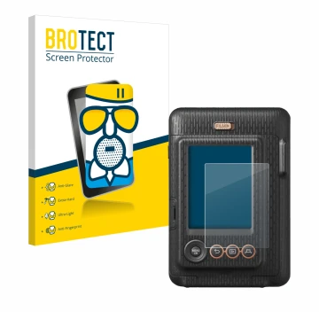 Parte frontal de un envase de producto con el logotipo de la marca BROTECT. Al lado se muestra el dispositivo Fujifilm Instax 