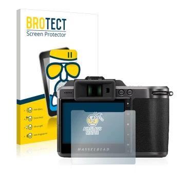 Parte frontal de un envase de producto con el logotipo de la marca BROTECT. Al lado se muestra el dispositivo Hasselblad X1D I