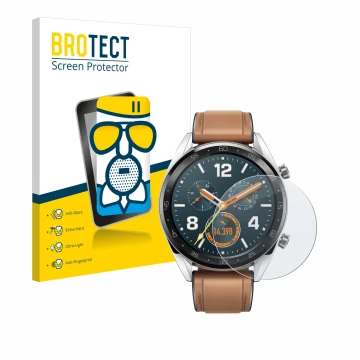 Parte frontal de un envase de producto con el logotipo de la marca BROTECT. Al lado se muestra el dispositivo Huawei Watch GT 