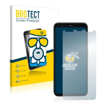 Parte frontal de un envase de producto con el logotipo de la marca BROTECT. Al lado se muestra el dispositivo Google Pixel 4 c