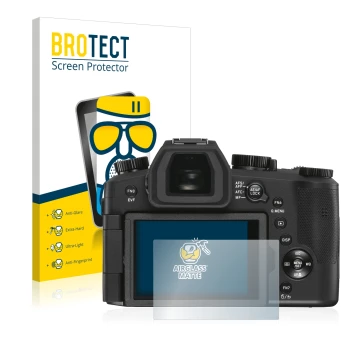 Parte frontal de un envase de producto con el logotipo de la marca BROTECT. Al lado se muestra el dispositivo Leica V-LUX 5 co