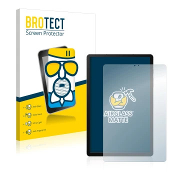 Parte frontal de un envase de producto con el logotipo de la marca BROTECT. Al lado se muestra el dispositivo Samsung Galaxy T