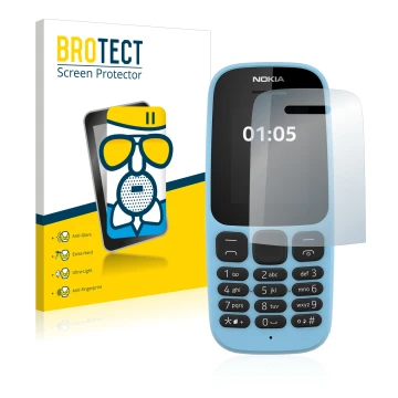 Parte frontal de un envase de producto con el logotipo de la marca BROTECT. Al lado se muestra el dispositivo Nokia 105 2019 c