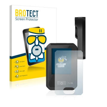 Parte frontal de un envase de producto con el logotipo de la marca BROTECT. Al lado se muestra el dispositivo Flyer Display D0