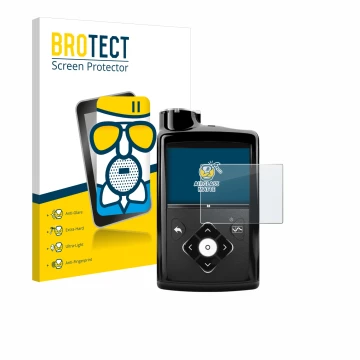 Parte frontal de un envase de producto con el logotipo de la marca BROTECT. Al lado se muestra el dispositivo Medtronic Minime