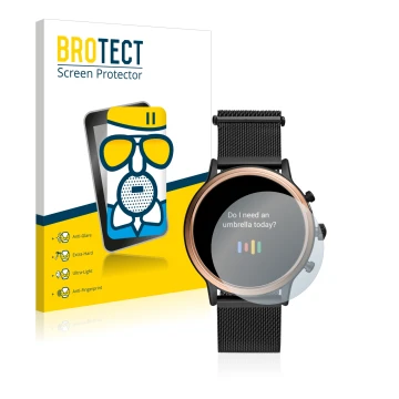 Parte frontal de un envase de producto con el logotipo de la marca BROTECT. Al lado se muestra el dispositivo Fossil Julianna 