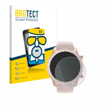 Parte frontal de un envase de producto con el logotipo de la marca BROTECT. Al lado se muestra el dispositivo Huami Amazfit GT