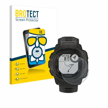Parte frontal de un envase de producto con el logotipo de la marca BROTECT. Al lado se muestra el dispositivo Garmin Instinct 