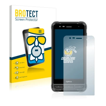 Parte frontal de un envase de producto con el logotipo de la marca BROTECT. Al lado se muestra el dispositivo Cyrus CS22 XA co