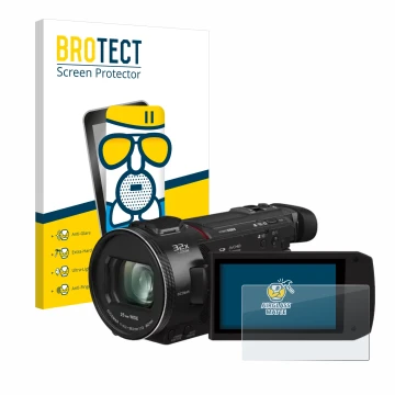 Parte frontal de un envase de producto con el logotipo de la marca BROTECT. Al lado se muestra el dispositivo Panasonic HC-VXF
