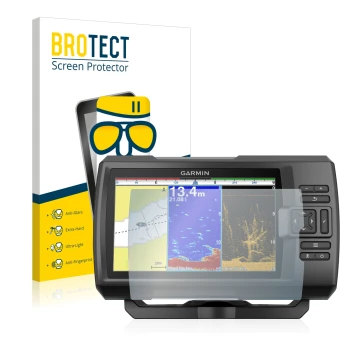 Parte frontal de un envase de producto con el logotipo de la marca BROTECT. Al lado se muestra el dispositivo Garmin Striker P