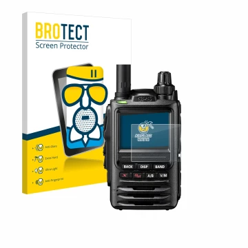 Parte frontal de un envase de producto con el logotipo de la marca BROTECT. Al lado se muestra el dispositivo Yaesu FT-3D con 