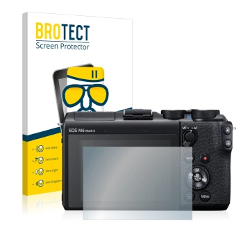 Parte frontal de un envase de producto con el logotipo de la marca BROTECT. Al lado se muestra el dispositivo Canon EOS M6 Mar