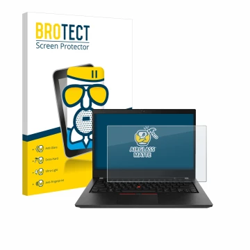 Parte frontal de un envase de producto con el logotipo de la marca BROTECT. Al lado se muestra el dispositivo Lenovo ThinkPad 