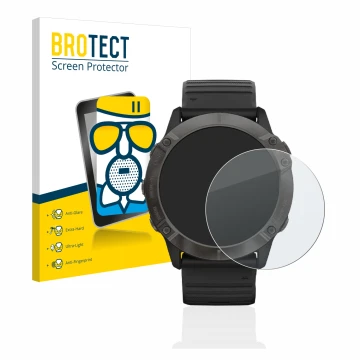Parte frontal de un envase de producto con el logotipo de la marca BROTECT. Al lado se muestra el dispositivo Garmin Fenix 6X 