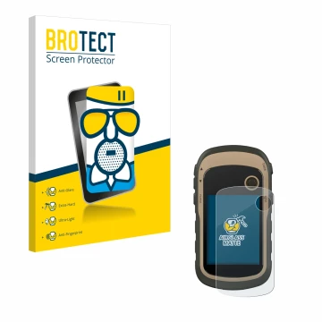 Parte frontal de un envase de producto con el logotipo de la marca BROTECT. Al lado se muestra el dispositivo Garmin eTrex 32x