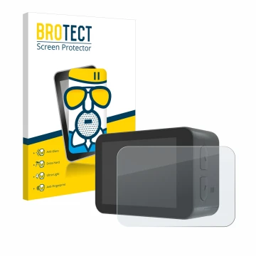 Parte frontal de un envase de producto con el logotipo de la marca BROTECT. Al lado se muestra el dispositivo Akaso V50X con s