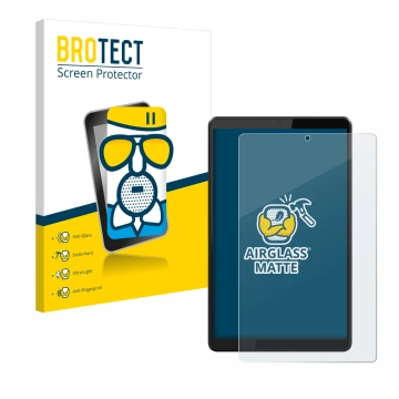 Parte frontal de un envase de producto con el logotipo de la marca BROTECT. Al lado se muestra el dispositivo Lenovo Tab M8 co