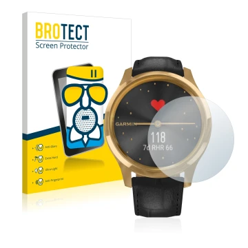 Parte frontal de un envase de producto con el logotipo de la marca BROTECT. Al lado se muestra el dispositivo Garmin vivomove 