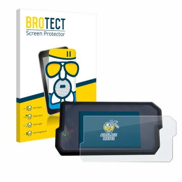 Parte frontal de un envase de producto con el logotipo de la marca BROTECT. Al lado se muestra el dispositivo KTM 125 / 390 Du