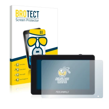 Parte frontal de un envase de producto con el logotipo de la marca BROTECT. Al lado se muestra el dispositivo Feelworld F6 Plu