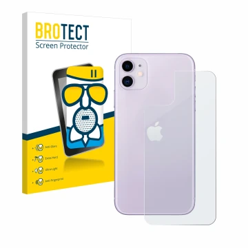Parte frontal de un envase de producto con el logotipo de la marca BROTECT. Al lado se muestra el dispositivo Apple iPhone 11 