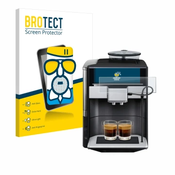 Parte frontal de un envase de producto con el logotipo de la marca BROTECT. Al lado se muestra el dispositivo Siemens EQ.6 plu