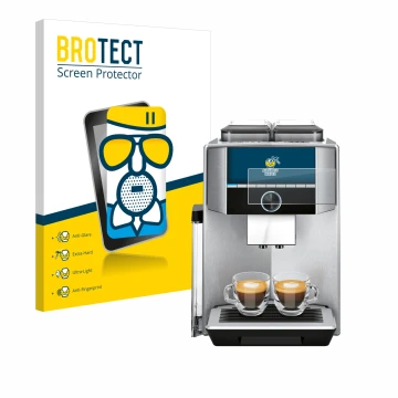 Parte frontal de un envase de producto con el logotipo de la marca BROTECT. Al lado se muestra el dispositivo Siemens EQ.9 plu