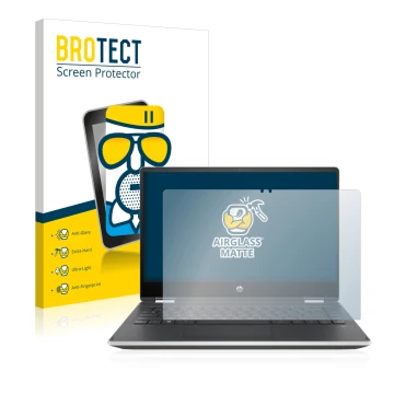 Parte frontal de un envase de producto con el logotipo de la marca BROTECT. Al lado se muestra el dispositivo HP Pavilion x360