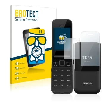 Parte frontal de un envase de producto con el logotipo de la marca BROTECT. Al lado se muestra el dispositivo Nokia 2720 Flip 