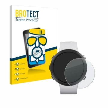 Parte frontal de un envase de producto con el logotipo de la marca BROTECT. Al lado se muestra el dispositivo Garmin Swim 2 co