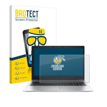 Parte frontal de un envase de producto con el logotipo de la marca BROTECT. Al lado se muestra el dispositivo HP EliteBook 850