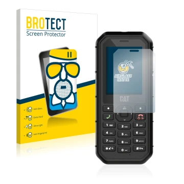 Parte frontal de un envase de producto con el logotipo de la marca BROTECT. Al lado se muestra el dispositivo Caterpillar Cat 