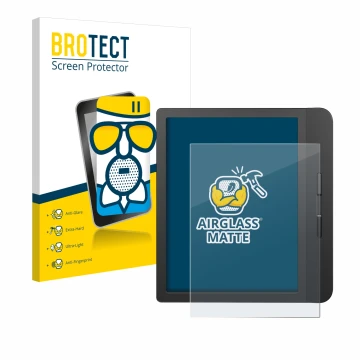 Parte frontal de un envase de producto con el logotipo de la marca BROTECT. Al lado se muestra el dispositivo Tolino Vision 5 