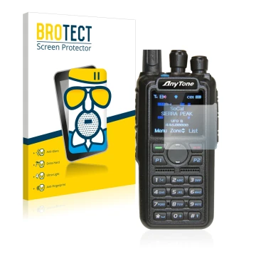 Parte frontal de un envase de producto con el logotipo de la marca BROTECT. Al lado se muestra el dispositivo AnyTone AT-D878U